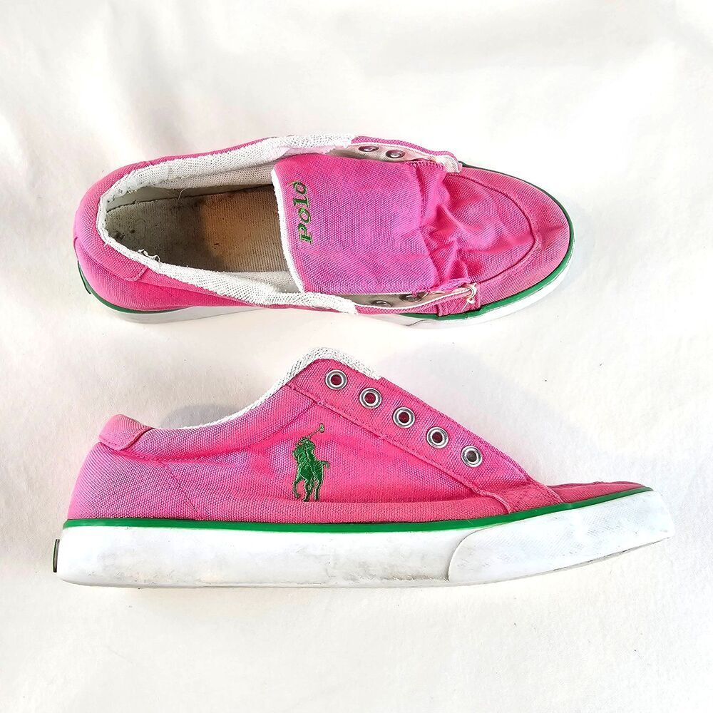 Polo Ralph Lauren Mens 7 Pink Canvas Slip On Sneakers Casual Pony Logo No Laces